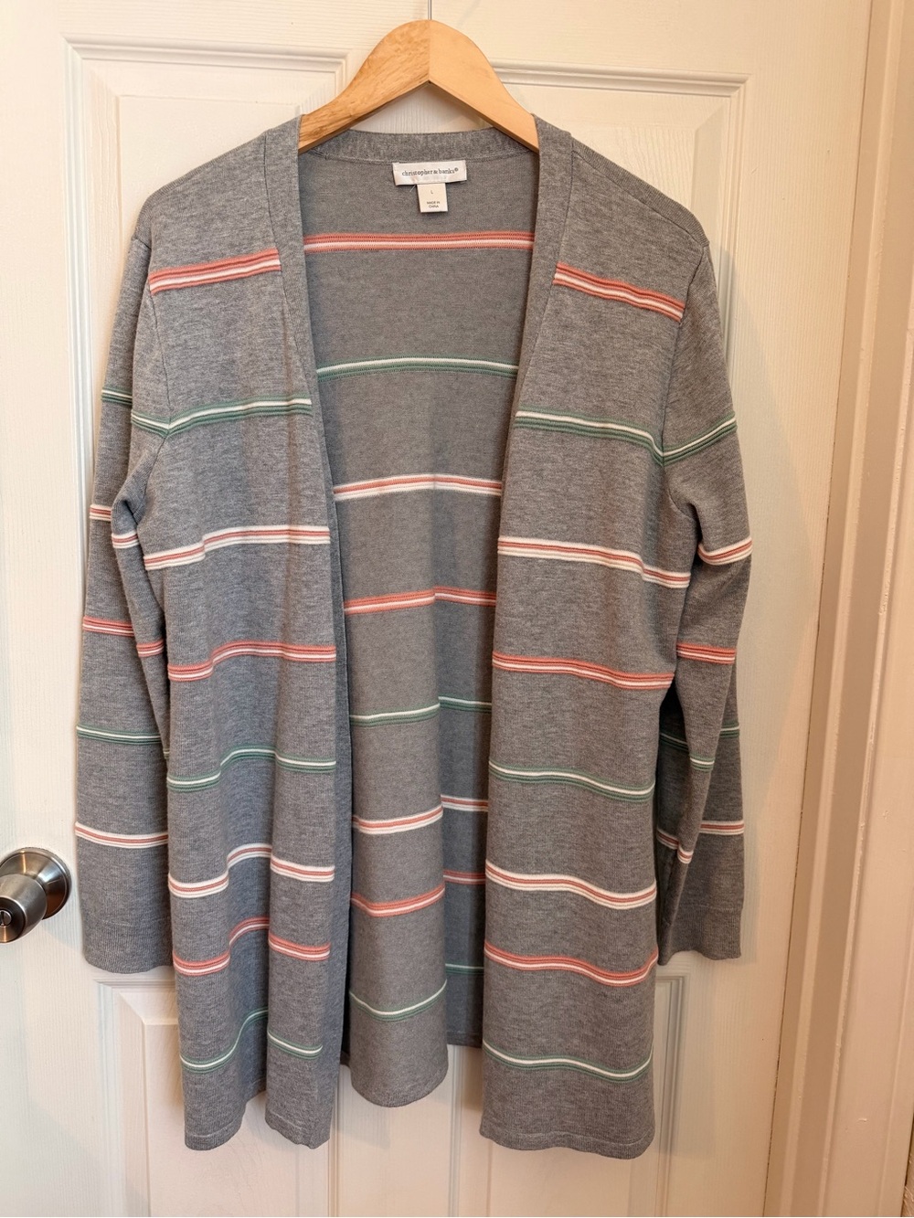 Christopher & Banks Gray Open-Front Cardigan with Pastel Stripes, Size Large